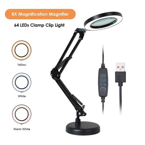 Magnifying Glass Magnifier with 64 LEDs Desk Light Table Lamp 8X Magnification 10 Levels Adjustable Brightness Dimmable 3 Colors Temperature Changing USB Powered Operated with Foldable Bendable Flexible Bracket Holder Rotatable Lighting Angle for Printing